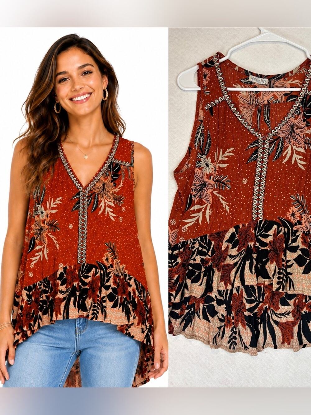 Patrons of Peace Boho Floral Babydoll Tank Top Rust Peplum Flowy Medium Festival